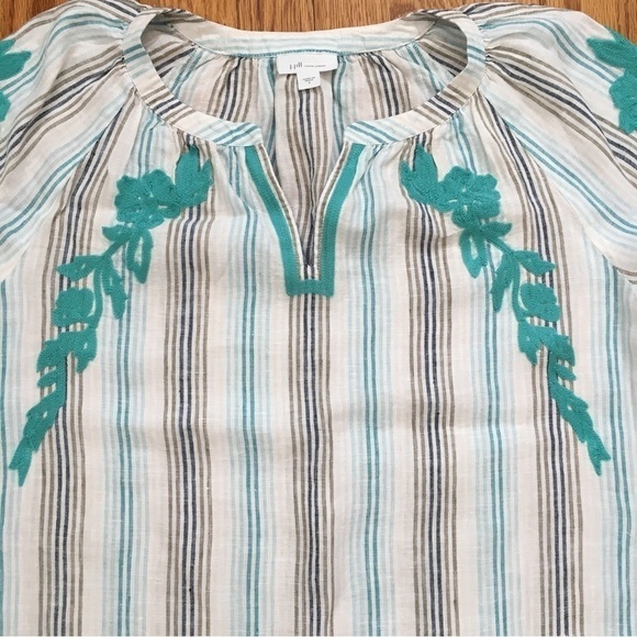 J. Jill 100% linen embroidered floral V-neck Long Sleeve Striped Blouse - Picture 13 of 16
